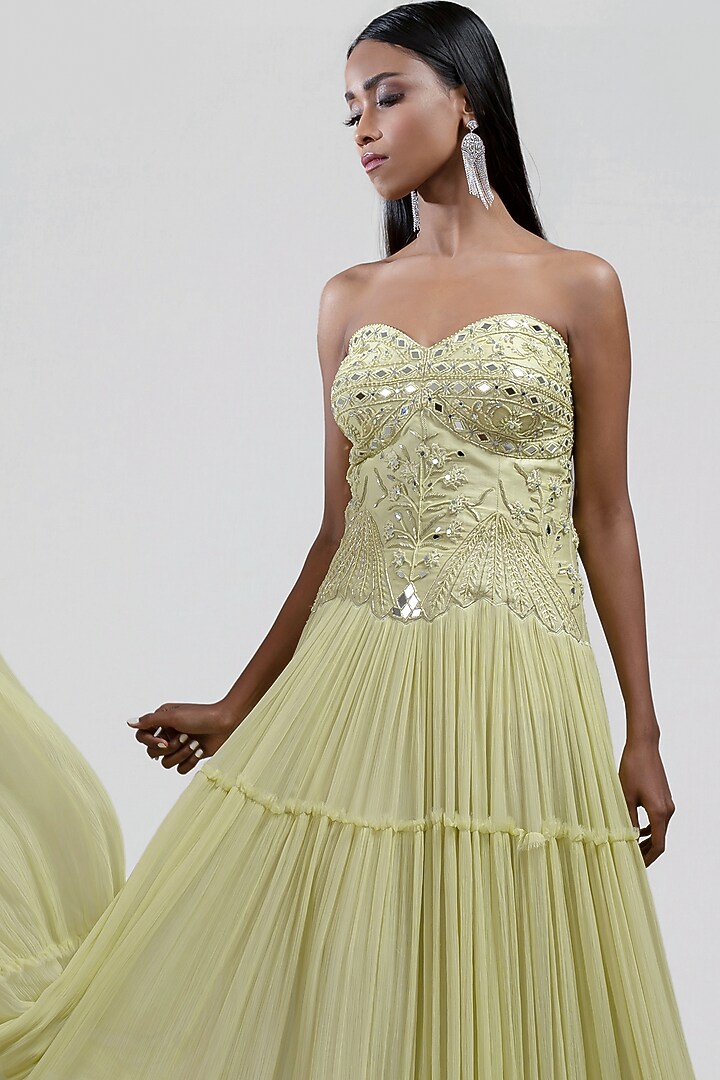 Lime Yellow Tiered Embroidered Cocktail Dress by Jyoti Sachdev Iyer at Pernia's Pop Up Shop