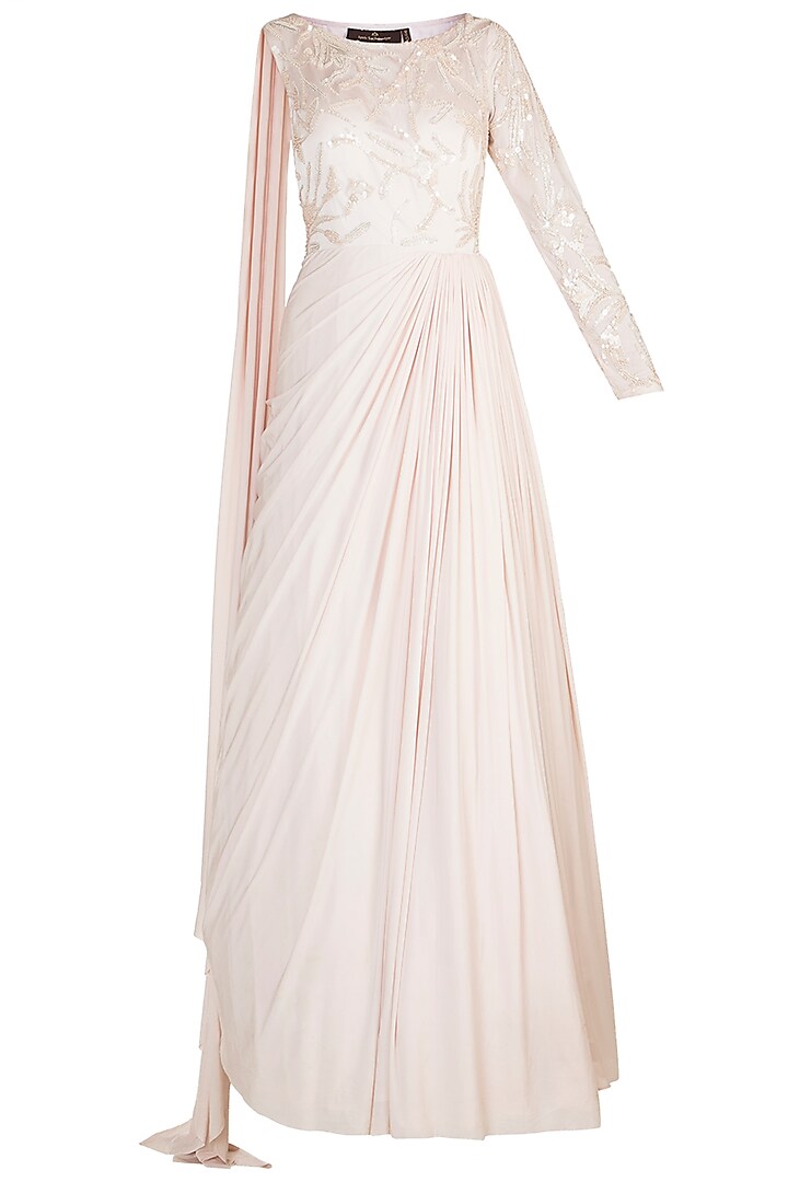 Nude Embellished Draped Gown by Jyoti Sachdev Iyer