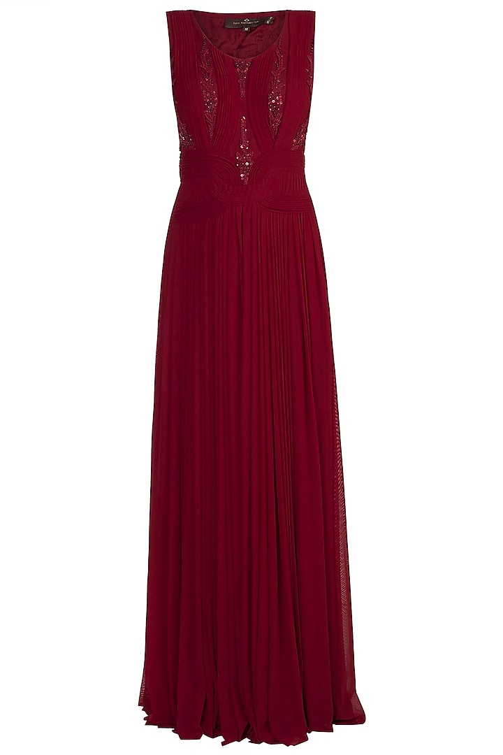 Marsala Embroidered Draped Gown by Jyoti Sachdev Iyer