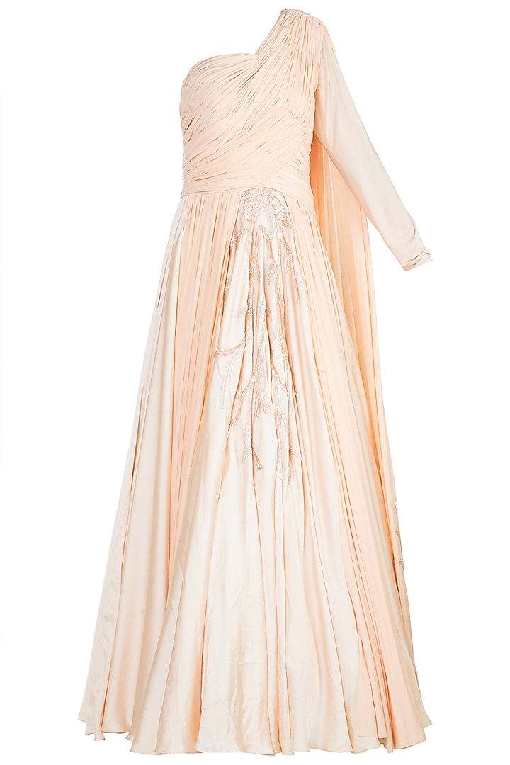 Peach Embroidered One Shoulder Gown by Jyoti Sachdev Iyer