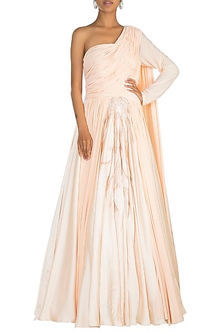 Peach Embroidered One Shoulder Gown by Jyoti Sachdev Iyer