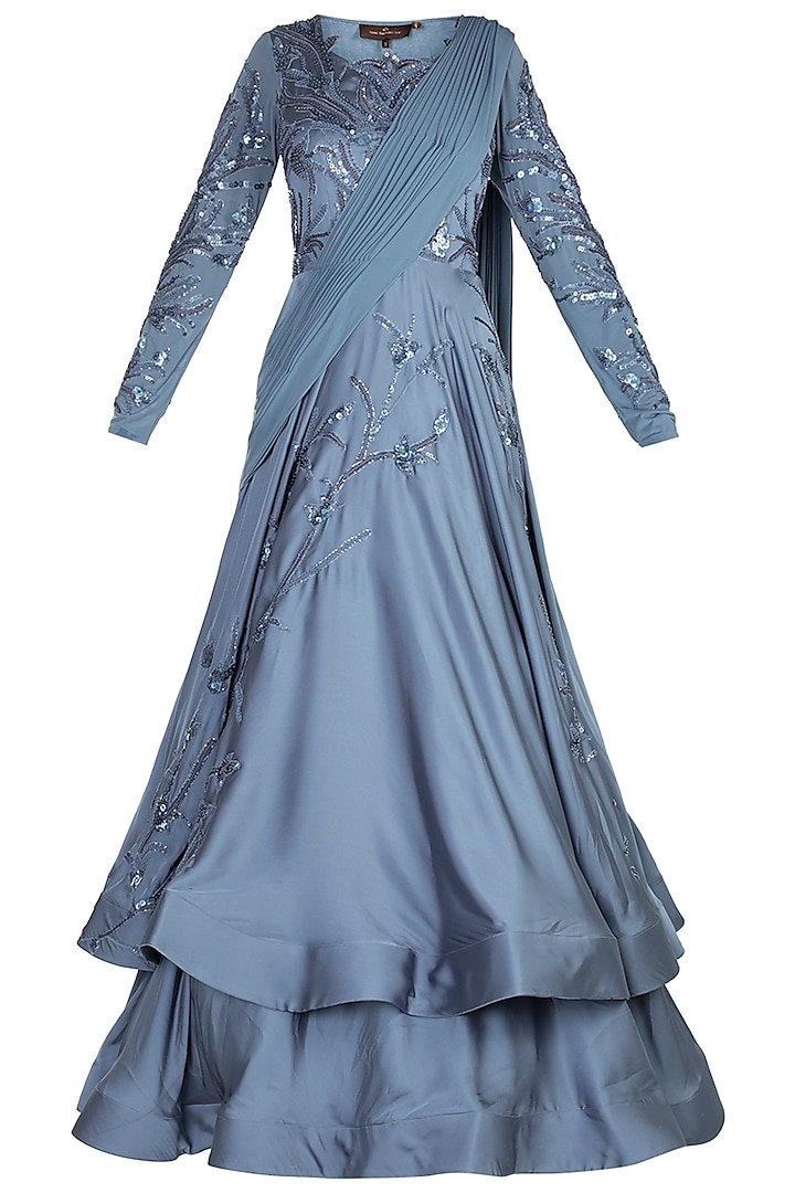 Blue Embroidered Layered Gown by Jyoti Sachdev Iyer