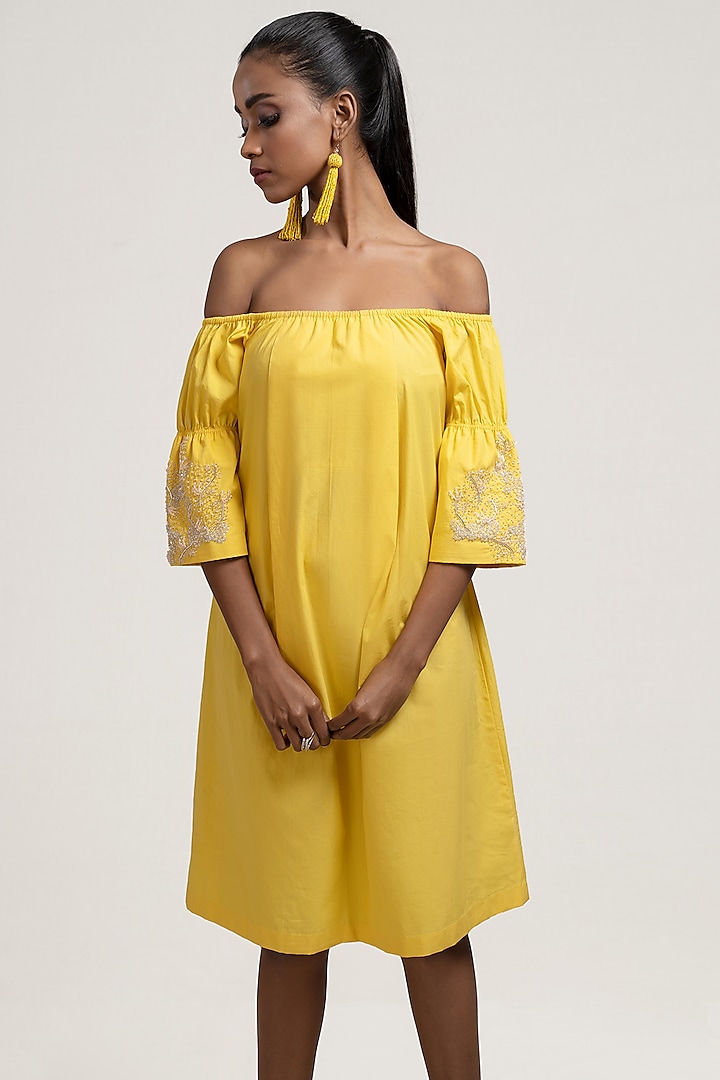 Yellow Embroidered Mini Dress by Jyoti Sachdev Iyer