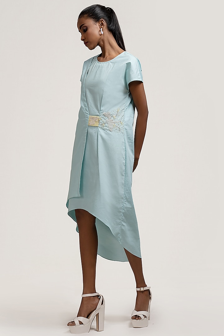 Turquoise Embroidered Overlap Dress by Jyoti Sachdev Iyer