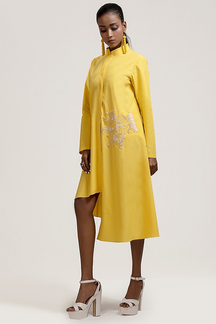 Yellow Thread Embroidered Dress by Jyoti Sachdev Iyer