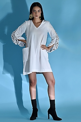 White Cotton Printed Dress by Jyoti Sachdev Iyer