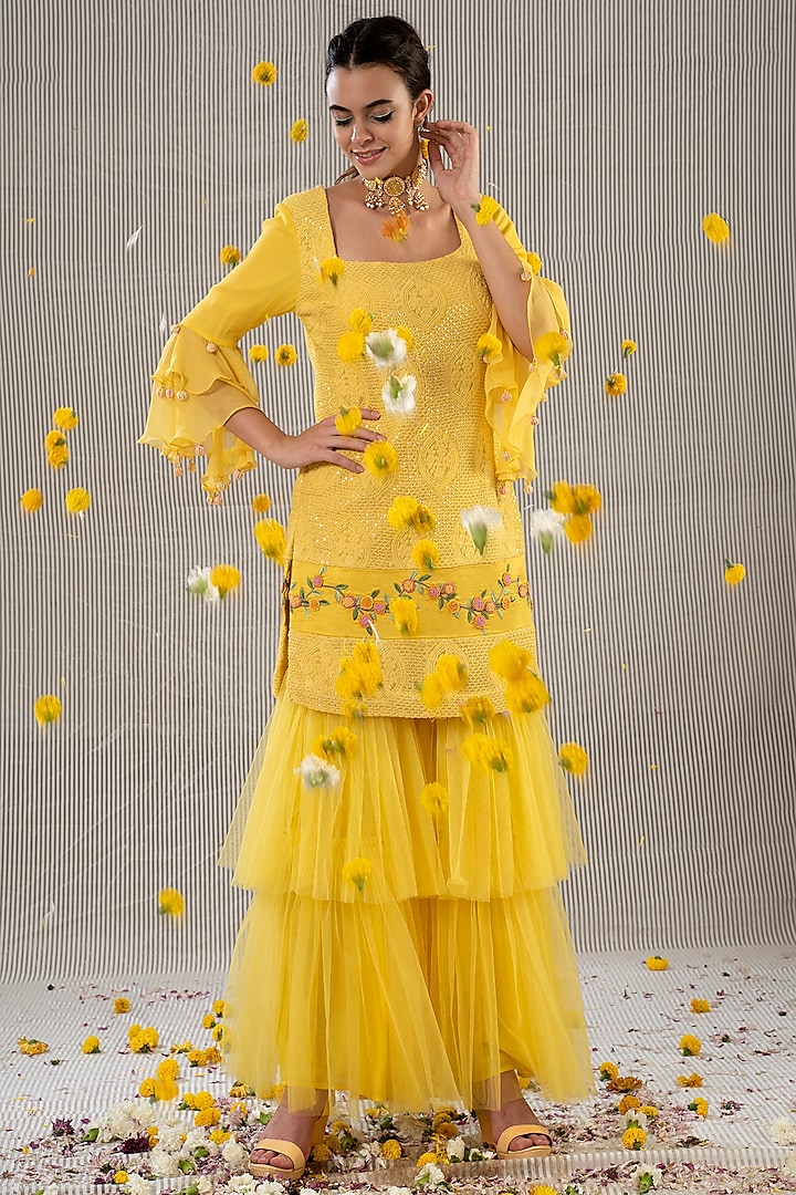 Yellow Thread Embroidered Sharara Set by Jyoti Sachdev Iyer