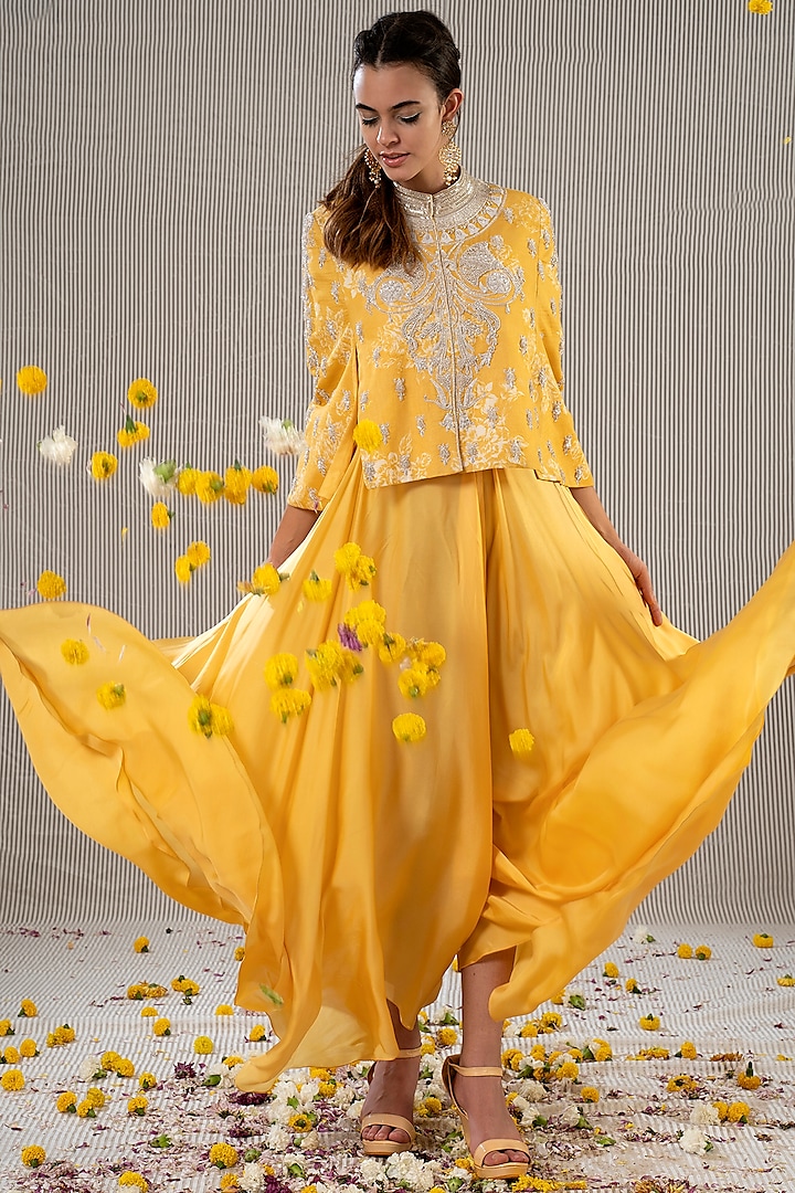 Mustard Flared Jumpsuit With Cape by Jyoti Sachdev Iyer