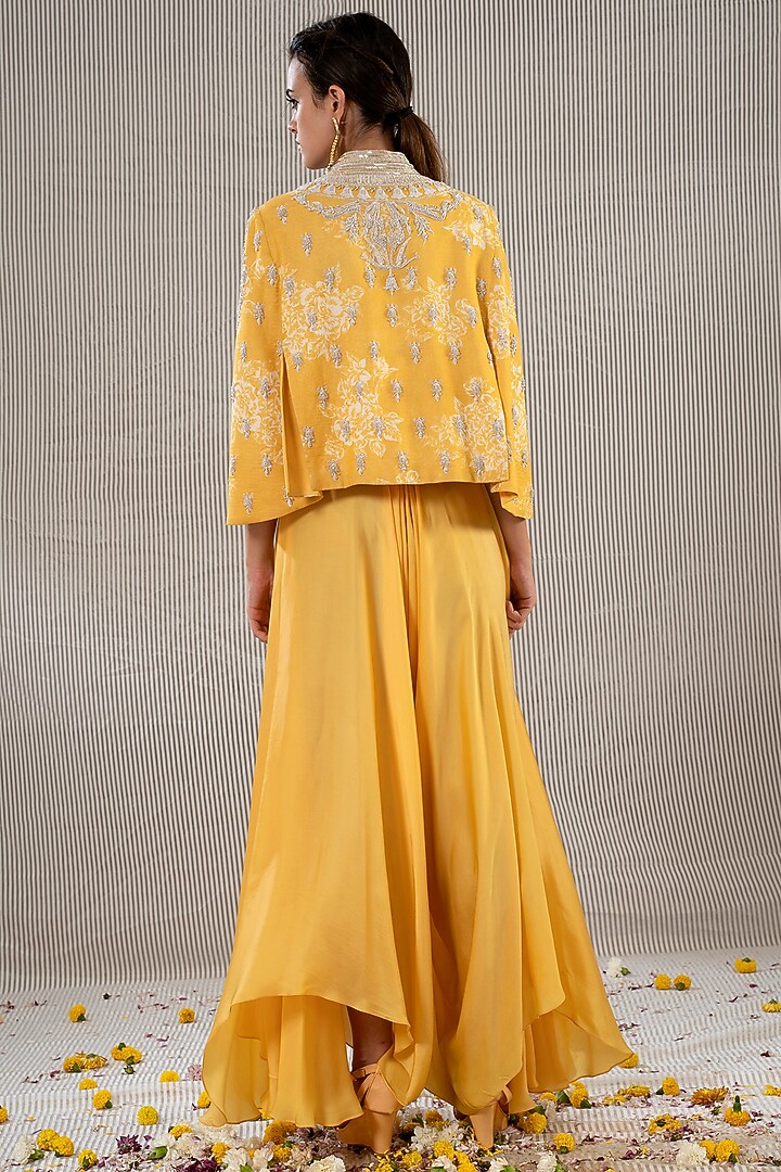 Mustard Flared Jumpsuit With Cape by Jyoti Sachdev Iyer at Pernia's Pop Up Shop