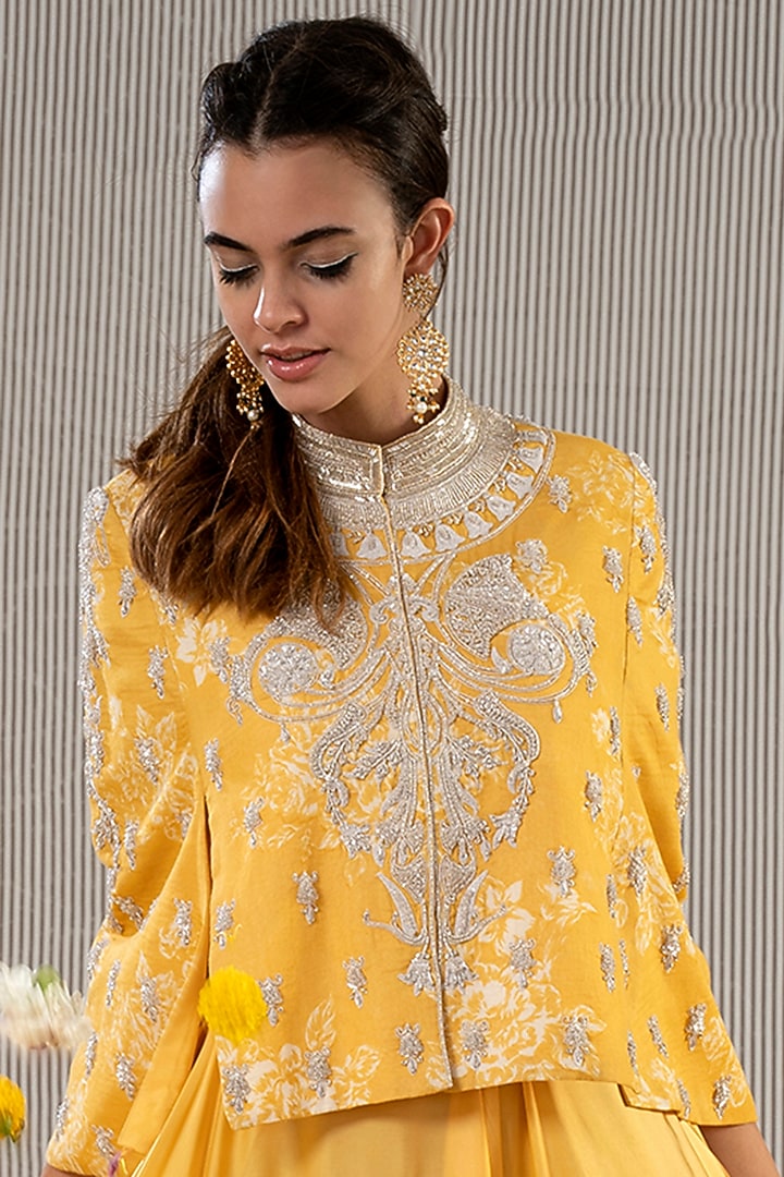 Mustard Flared Jumpsuit With Cape by Jyoti Sachdev Iyer at Pernia's Pop Up Shop