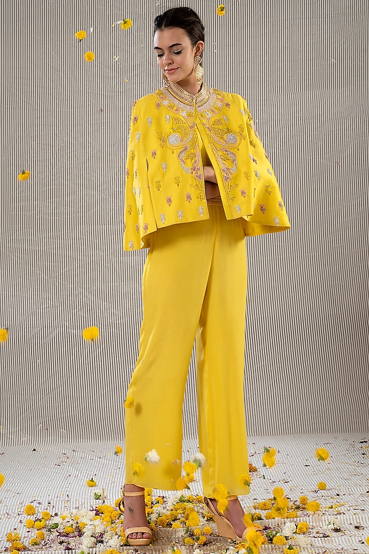 Yellow Sequins Embroidered Jumpsuit by Jyoti Sachdev Iyer