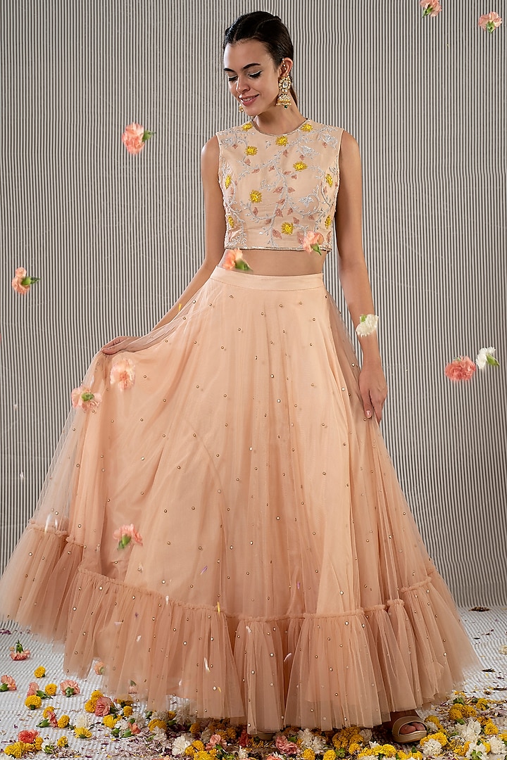 Peach Sequins Embroidered Skirt Set by Jyoti Sachdev Iyer