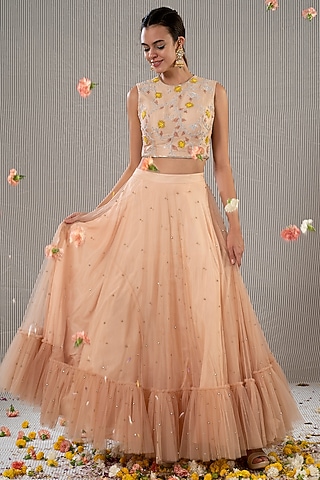 Peach Sequins Embroidered Skirt Set by Jyoti Sachdev Iyer