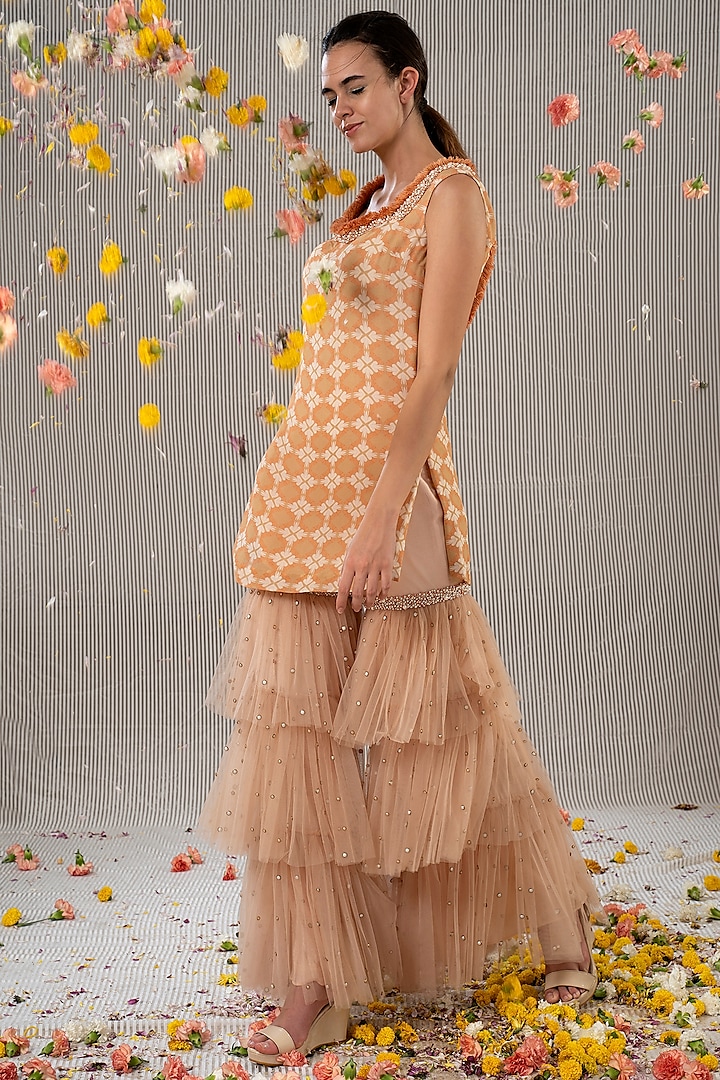 Peach Printed Tulle Sharara set by Jyoti Sachdev Iyer