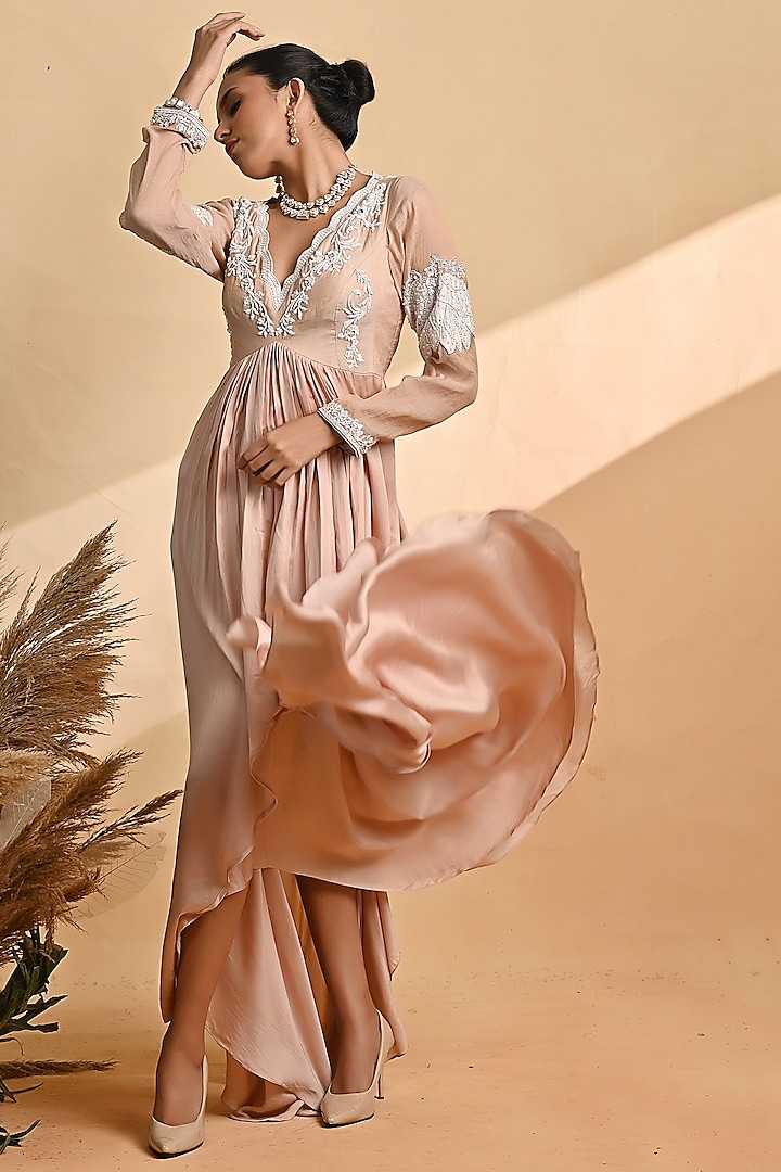 Blush Embroidered Asymmetric Dress by Jyoti Sachdev Iyer