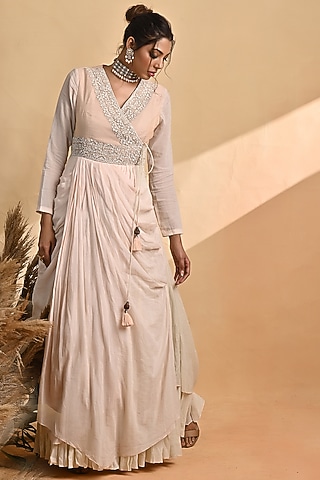 Beige & Soft Pink Chanderi Draped Dress by Jyoti Sachdev Iyer