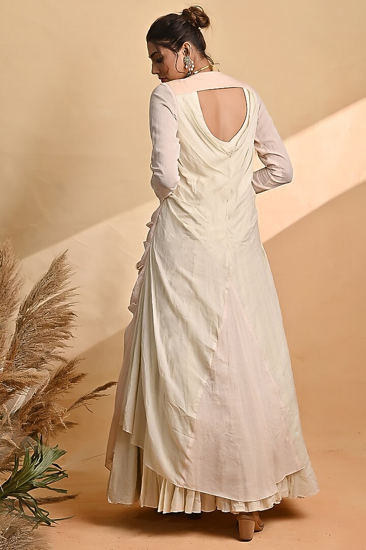 Beige & Soft Pink Chanderi Draped Cocktail Dress by Jyoti Sachdev Iyer at Pernia's Pop Up Shop