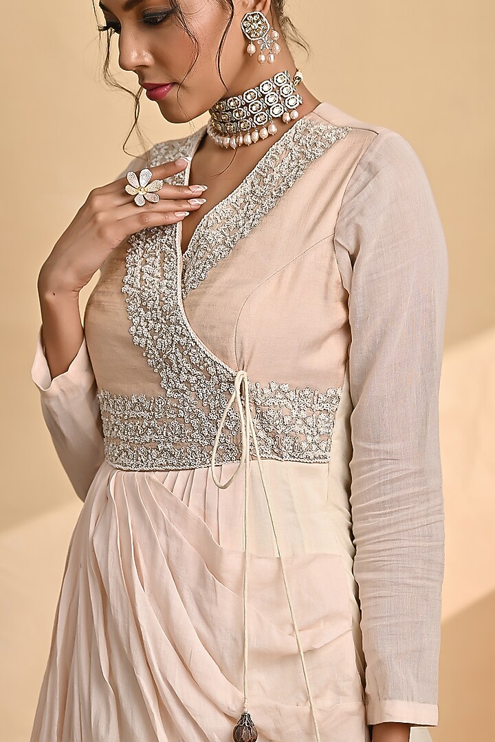 Beige & Soft Pink Chanderi Draped Cocktail Dress by Jyoti Sachdev Iyer at Pernia's Pop Up Shop