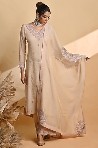 Beige Gold Embellished Kurta Set by Jyoti Sachdev Iyer