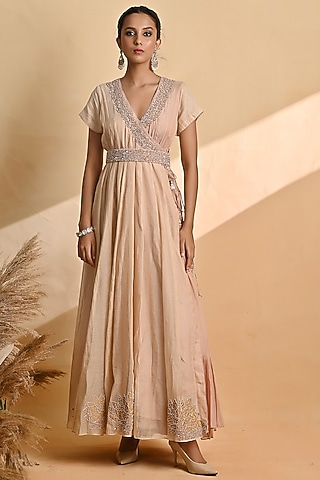 Beige & Blush Embroidered Anarkali With Belt by Jyoti Sachdev Iyer