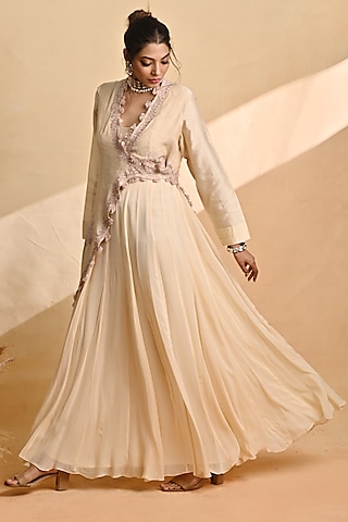 Beige Georgette Anarkali With Jacket by Jyoti Sachdev Iyer