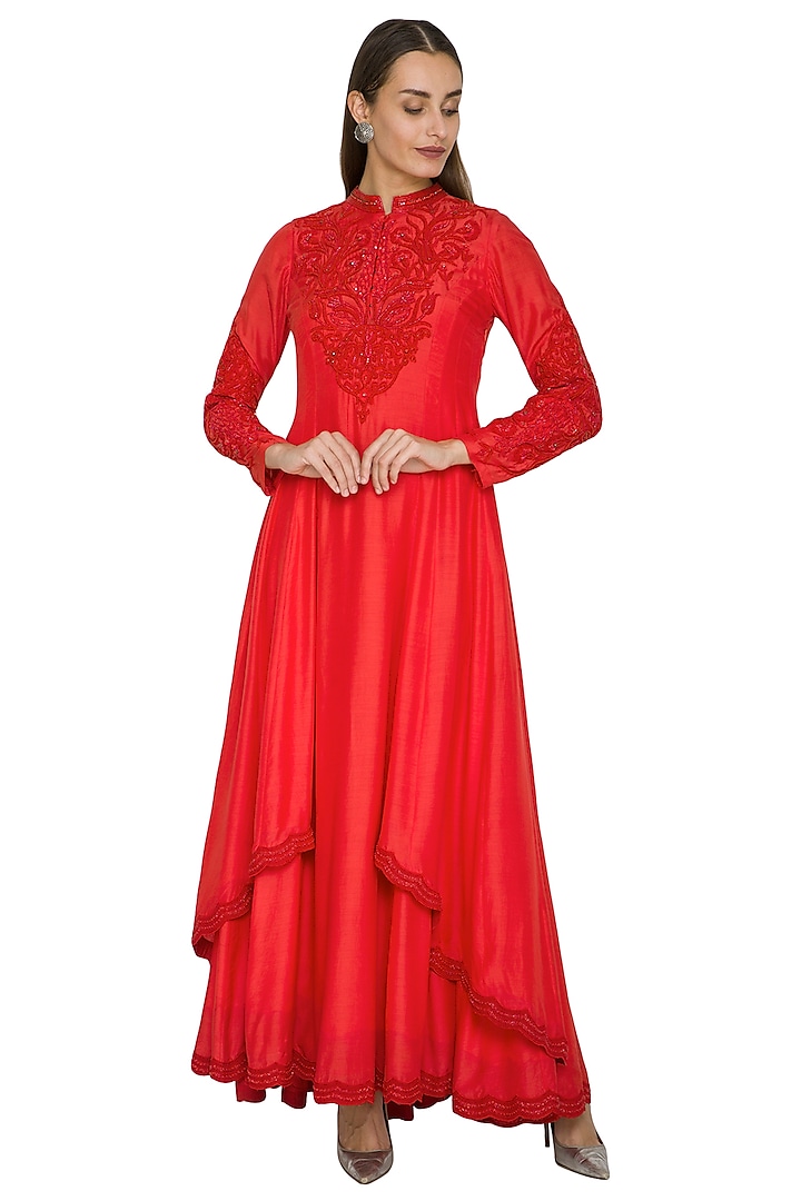 Red Embroidered Anarkali With Pants by Jyoti Sachdev Iyer