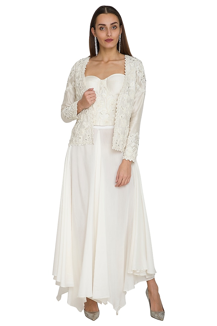 White Embroidered Corset Top With Pants & Jacket by Jyoti Sachdev Iyer