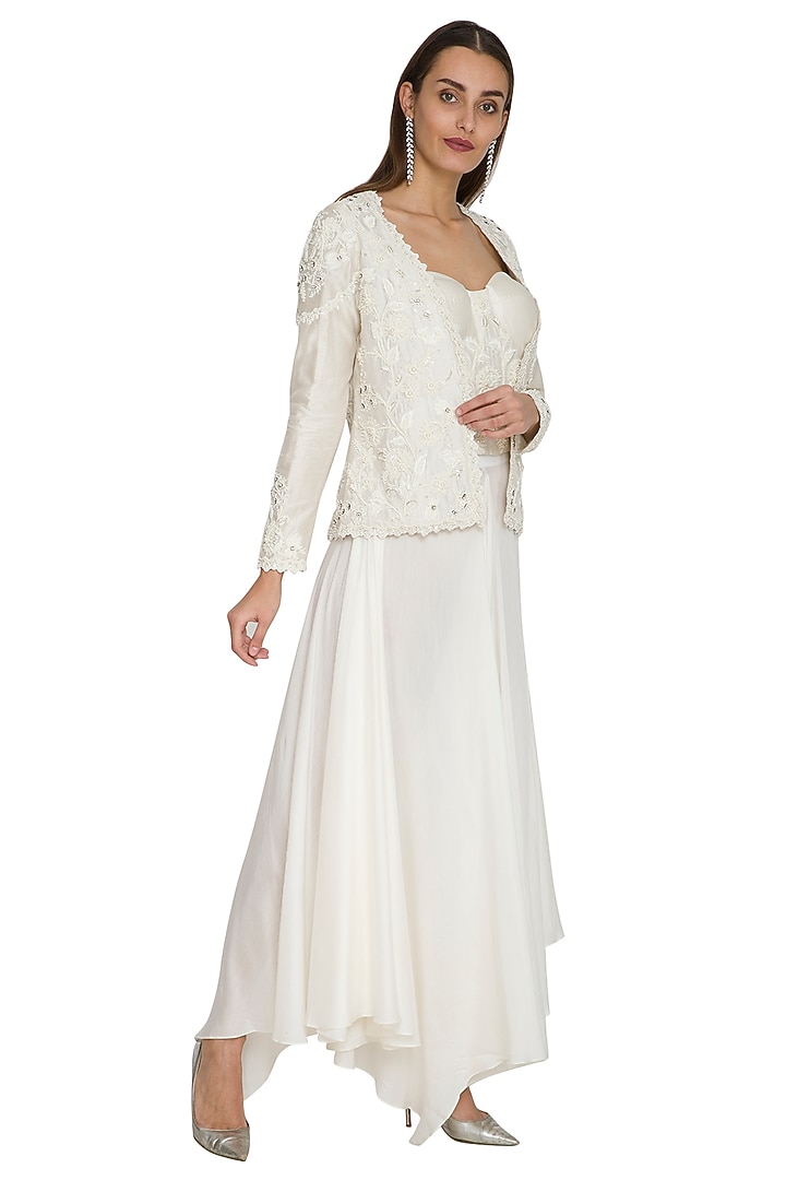 White Embroidered Corset Top With Pants & Jacket by Jyoti Sachdev Iyer at Pernia's Pop Up Shop