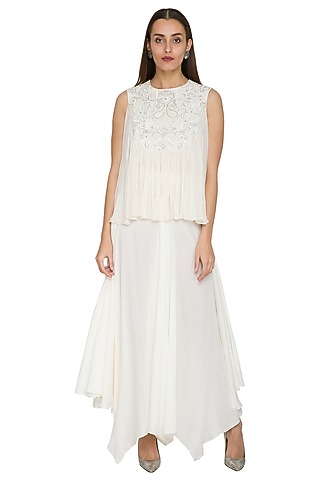 White Embroidered Flared Top by Jyoti Sachdev Iyer