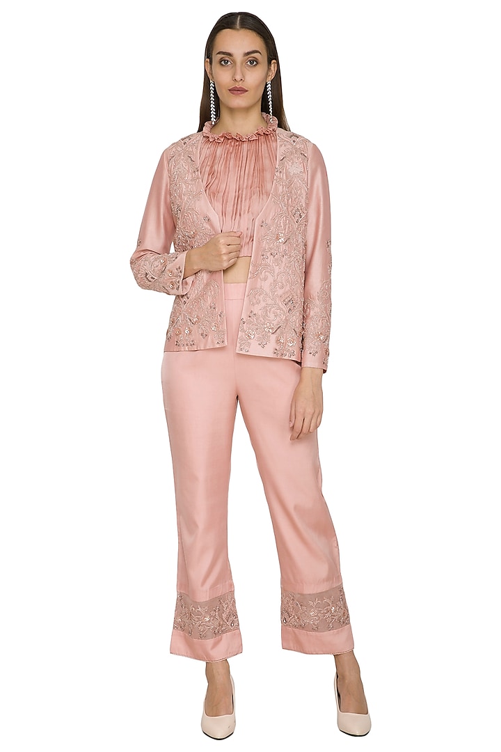 Blush Pink Embroidered Jacket WIth Top & Pants by Jyoti Sachdev Iyer