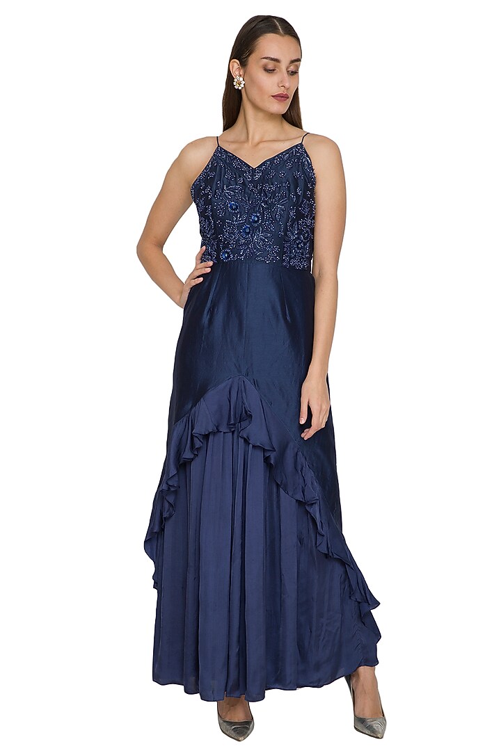 Blue Embroidered Strappy Cocktail Dress by Jyoti Sachdev Iyer at Pernia's Pop Up Shop