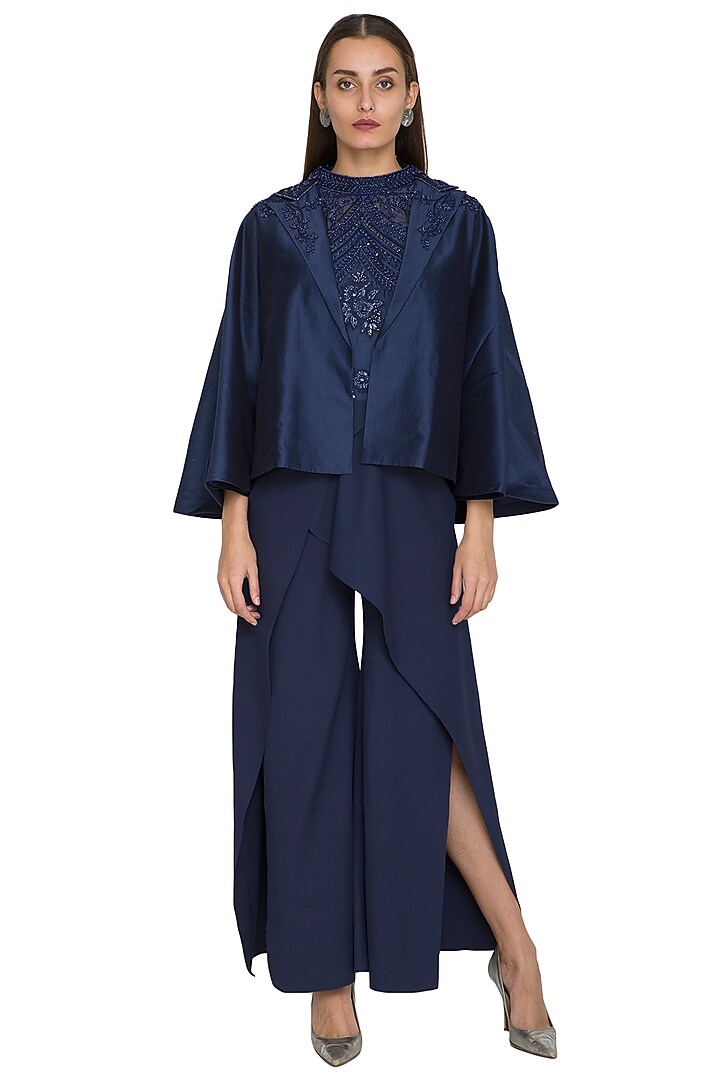 Blue Sequins Embroidered Cape by Jyoti Sachdev Iyer at Pernia's Pop Up Shop