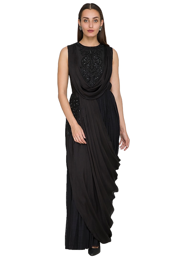 Black Sequins Embroidered Draped Dress by Jyoti Sachdev Iyer