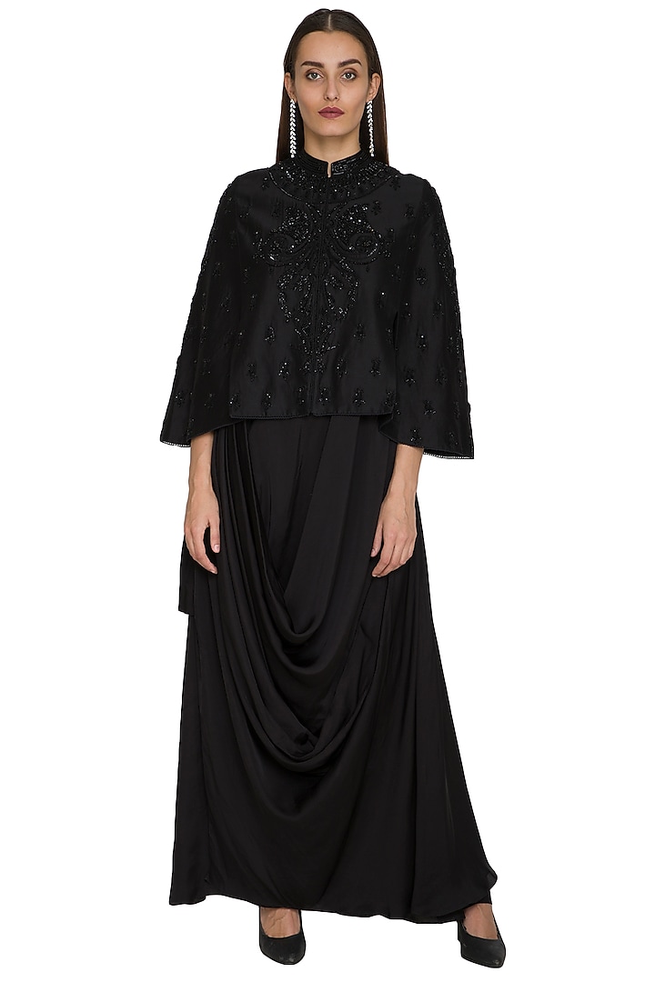 Black Dress With Embroidered Cape by Jyoti Sachdev Iyer