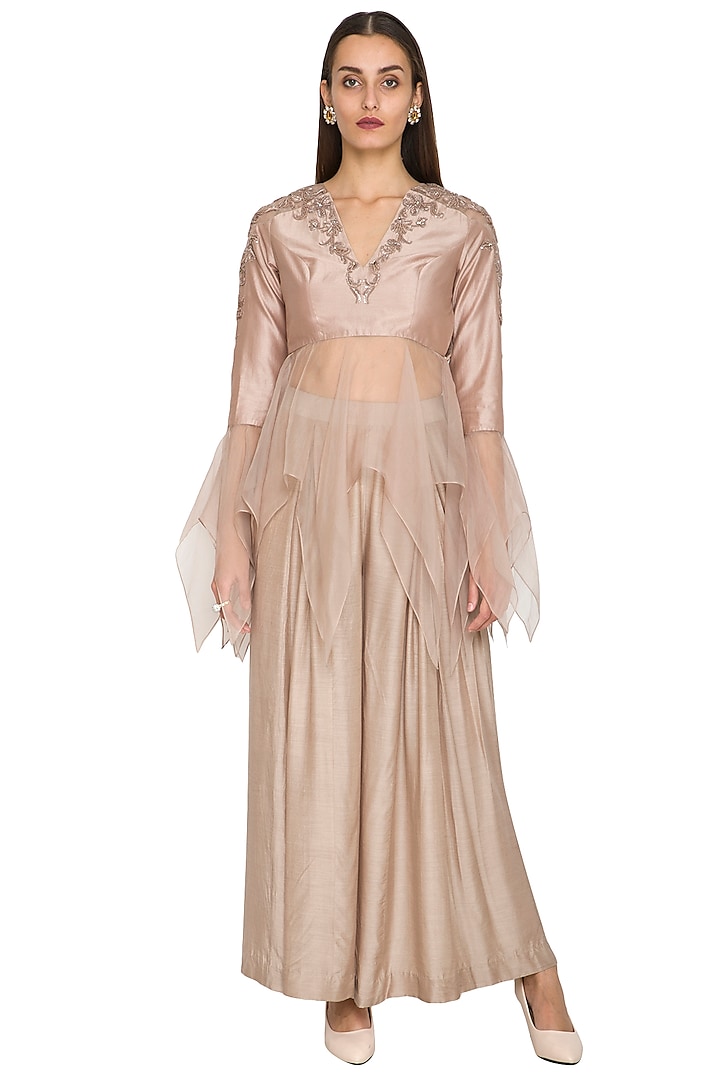 Nude Embroidered Crop Top With Pleated Pants by Jyoti Sachdev Iyer