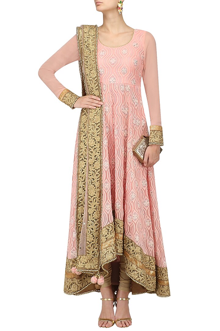 Blush pink and gold embroidered chikankari anarkali set available only at Pernia's Pop Up