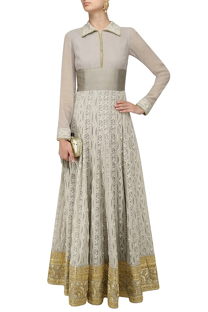 Grey embroidered chikankari anarkali set available only at Pernia's Pop Up Shop.