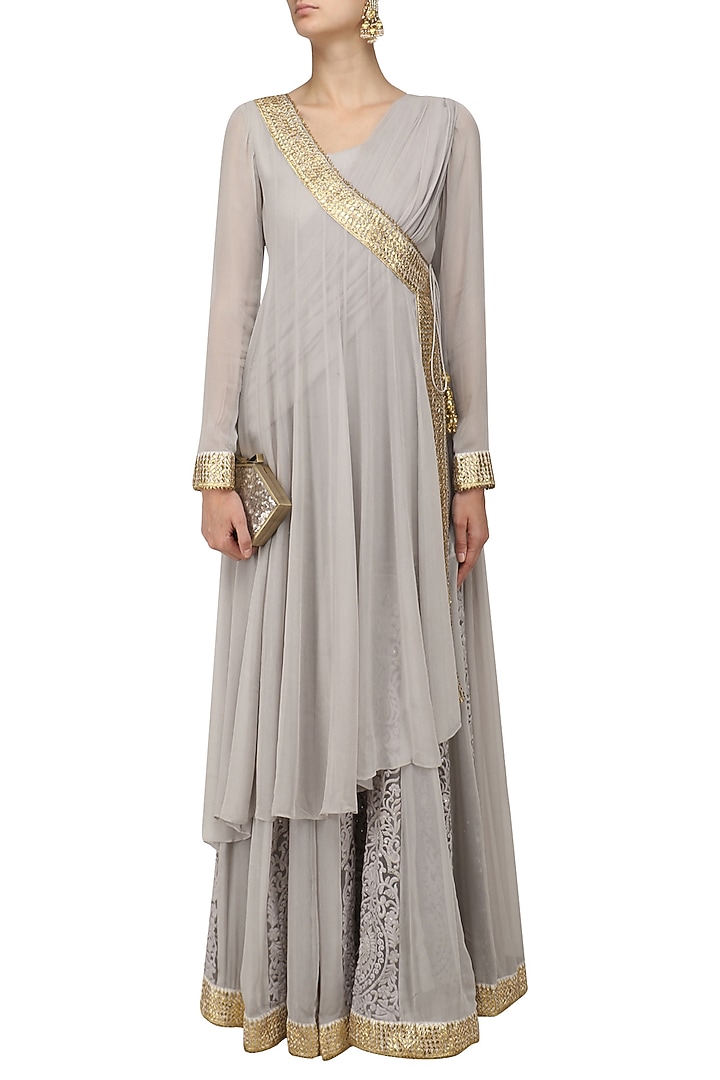 Grey embroidered chikankari angrakha anarkali set available only at Pernia's Pop Up Shop.