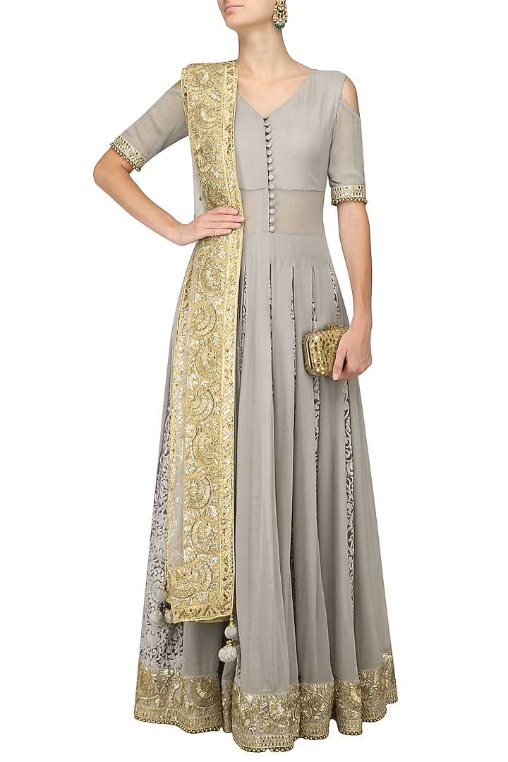Grey embroidered cold shoulder anarkali set available only at Pernia's Pop Up Shop.