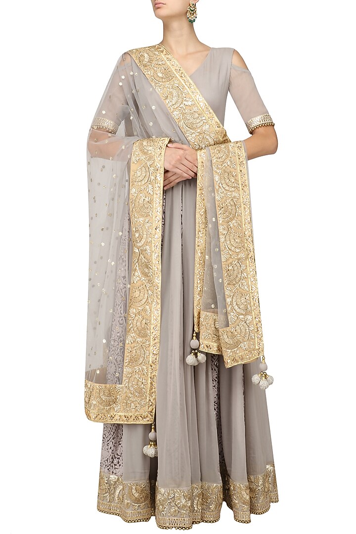 Grey embroidered cold shoulder anarkali set available only at Pernia's Pop Up Shop.