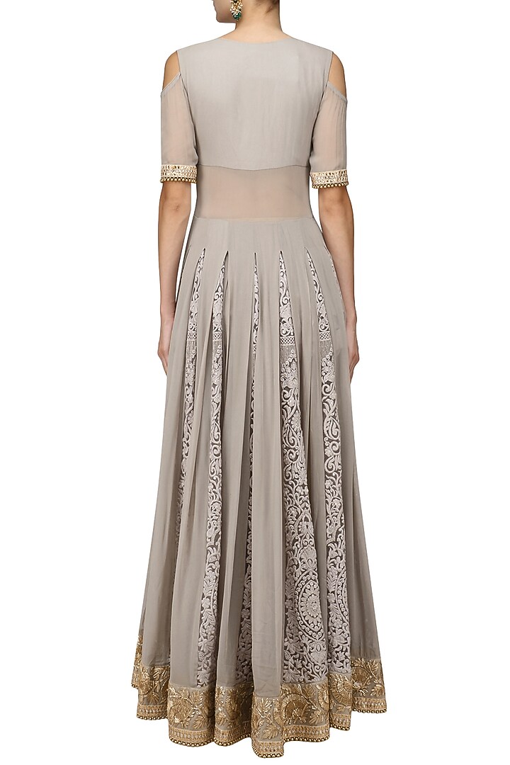 Grey embroidered cold shoulder anarkali set available only at Pernia's Pop Up Shop.