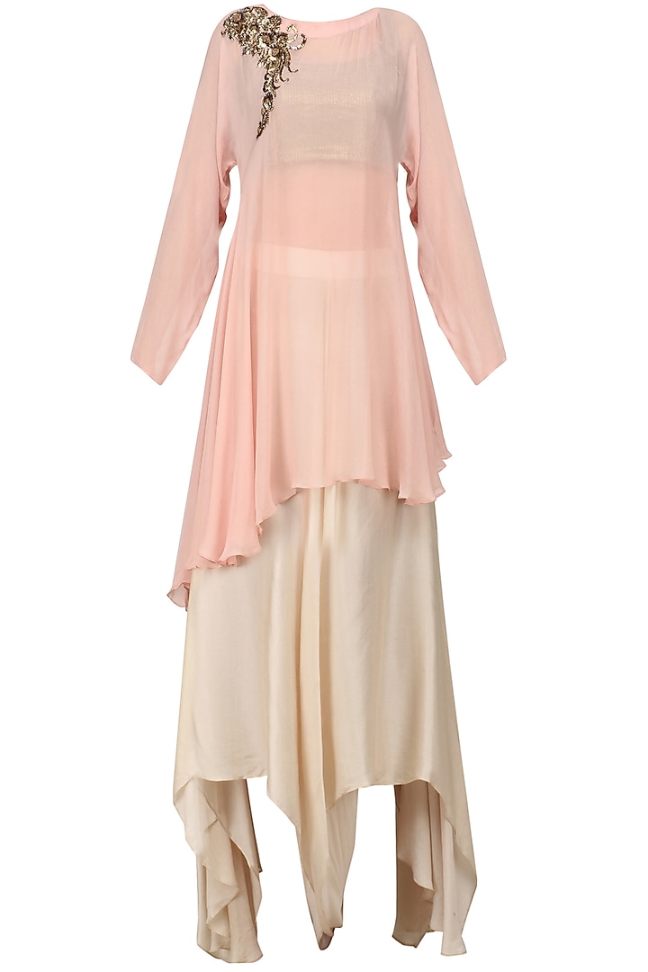 Blush Pink Embroidered Drape Tunic with Ivory Flared Pants by Jyoti Sachdev Iyer