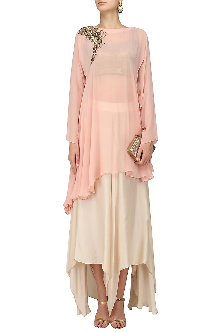 Blush pink embroidered drape tunic with ivory flared pants available only at Pernia's Pop Up Shop.