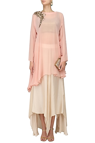 Blush Pink Embroidered Drape Tunic with Ivory Flared Pants by Jyoti Sachdev Iyer