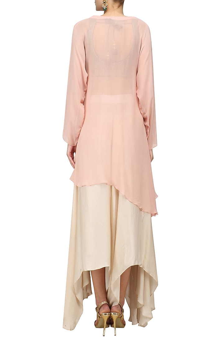 Blush pink embroidered drape tunic with ivory flared pants available only at Pernia's Pop Up Shop.