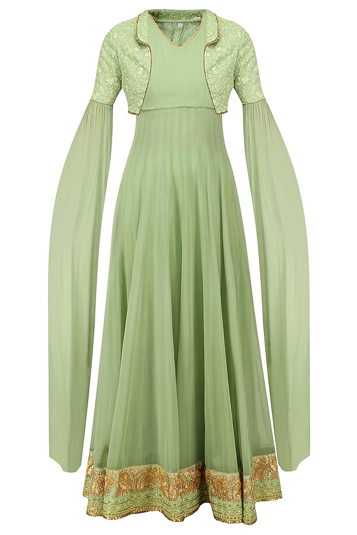 Green and gold floral embroidered jacket anarkali set available only at Pernia's Pop Up Shop.