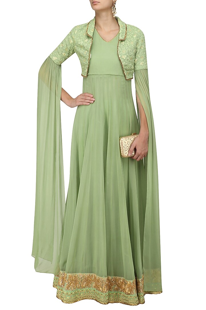 Green and gold floral embroidered jacket anarkali set available only at Pernia's Pop Up Shop.