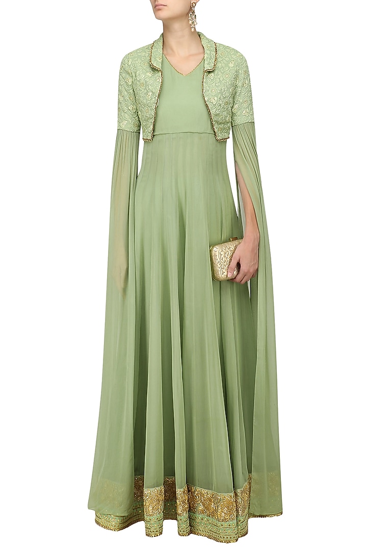 Green and gold floral embroidered jacket anarkali set available only at Pernia's Pop Up Shop.