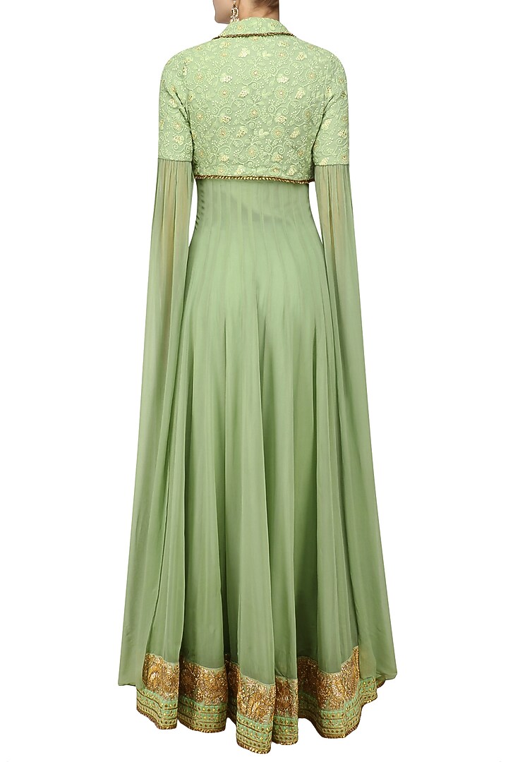 Green and gold floral embroidered jacket anarkali set available only at Pernia's Pop Up Shop.