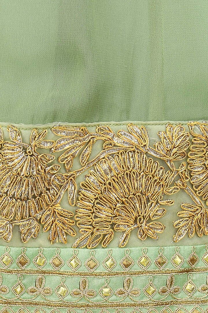 Green and gold floral embroidered jacket anarkali set available only at Pernia's Pop Up Shop.
